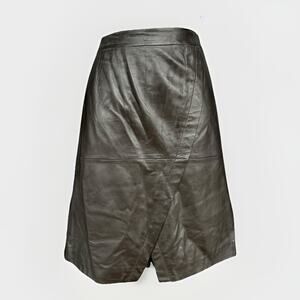 Halogen Nordstrom Brown Leather Skirt Size 14 Faux Wrap A-Line Lined Classic